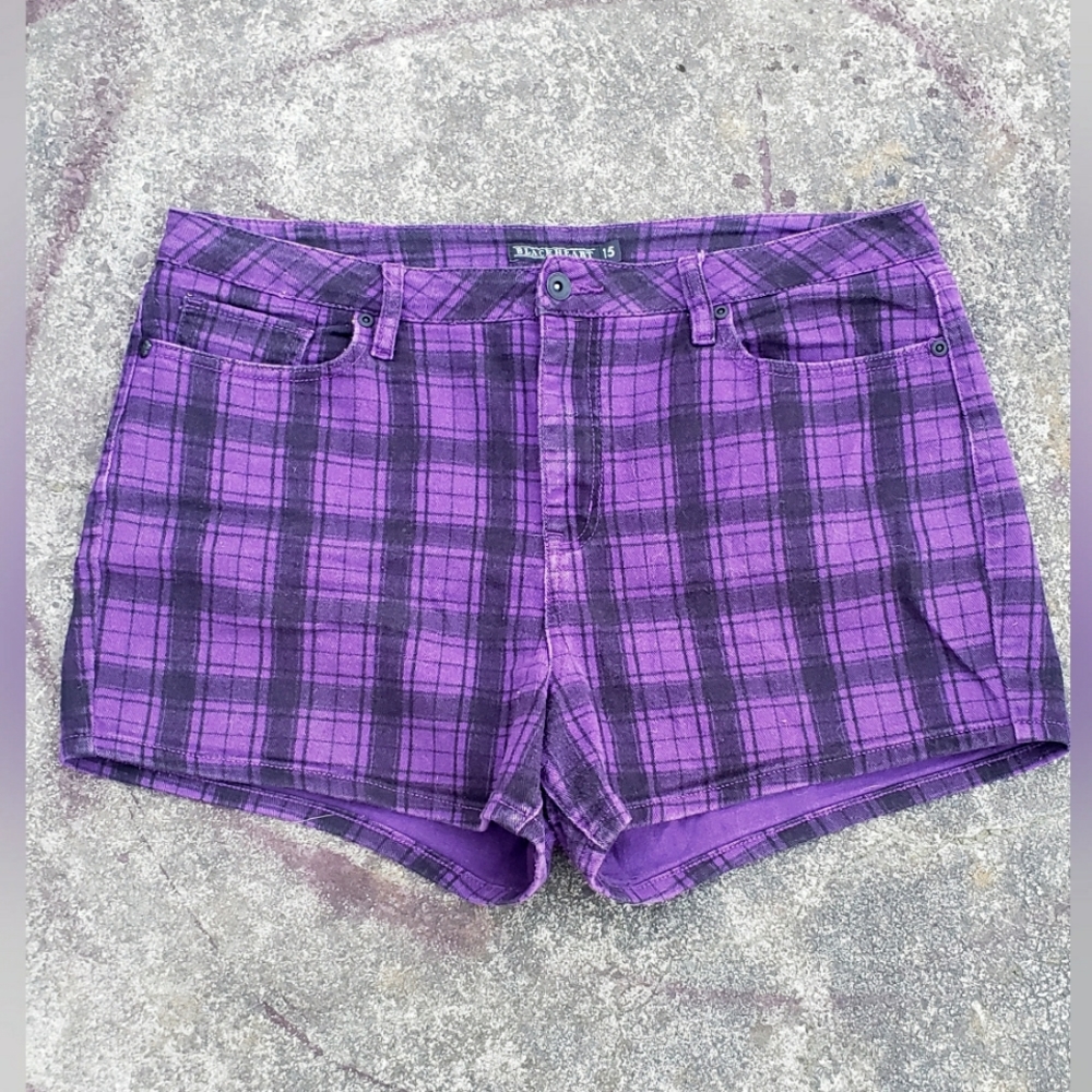 Blackheart Purple & Black checkered plaid jean shorts size 15